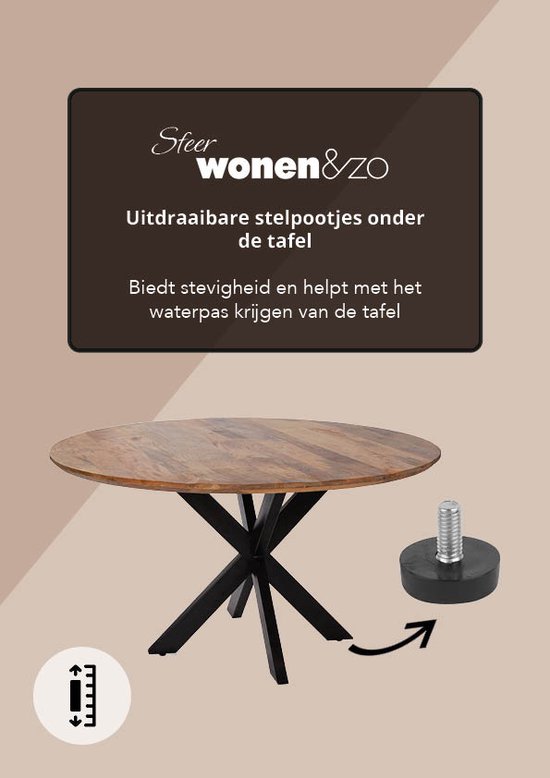 Table ronde en bois avec pied Matrix noir et pieds réglables.