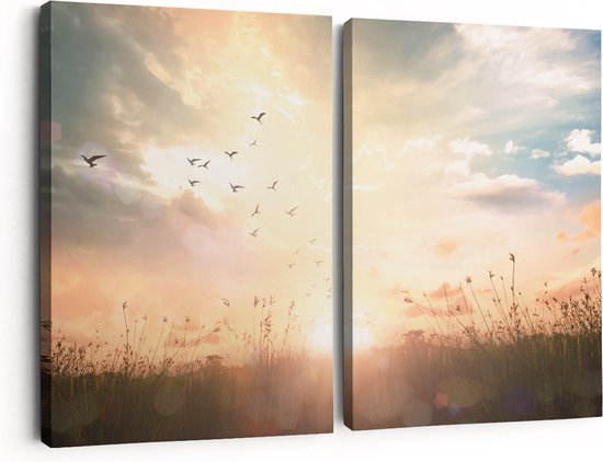 Artaza Canvas Schilderij Tweeluik Silhouet Vogels Tijdens Zonsopkomst - 60x40 - Klein - Foto Op Canvas - Canvas Print