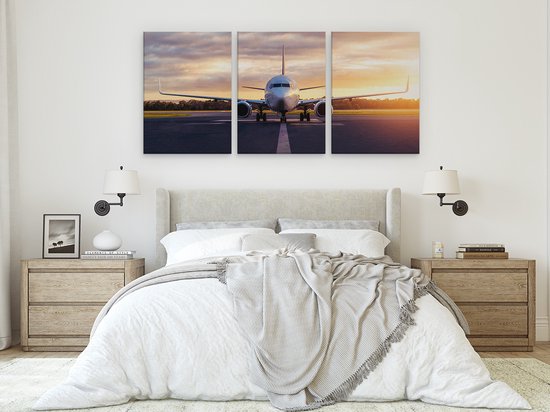 Artaza Peinture sur toile Triptyque Avion sur la piste - 180x80 - Groot - Photo sur toile - Impression sur toile