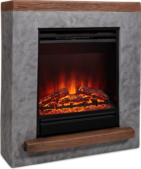 Klarstein Fort Rock Sfeerhaard elektrisch - Elektrische kachel met led vlammen - Haard met afstandsbediening en timer - 1800 W - Vrijstaand - Grijs en hout