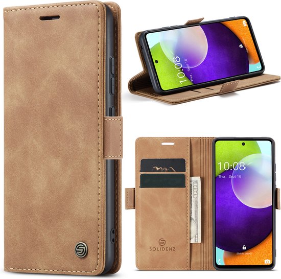 Étui Samsung A53 - Solidenz Urban Bookcase A53 - Étui téléphone A53 - Étui A53 avec porte-cartes - Étui en cuir PU - Chargement sans fil - Marron