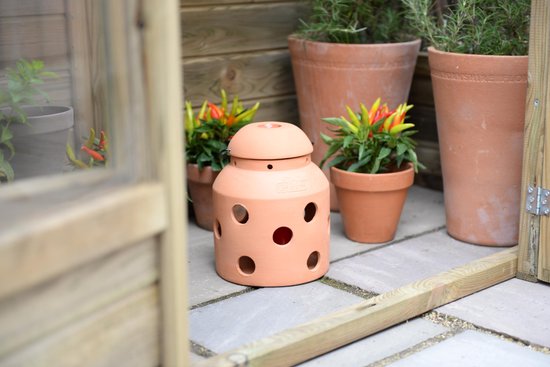 Terracotta kaarsenwarmer in een kas, met zijaanzicht van ronde gaten en deksel.