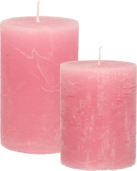 Stompkaarsen/cilinderkaarsen set - 2x - oud roze - rustiek model