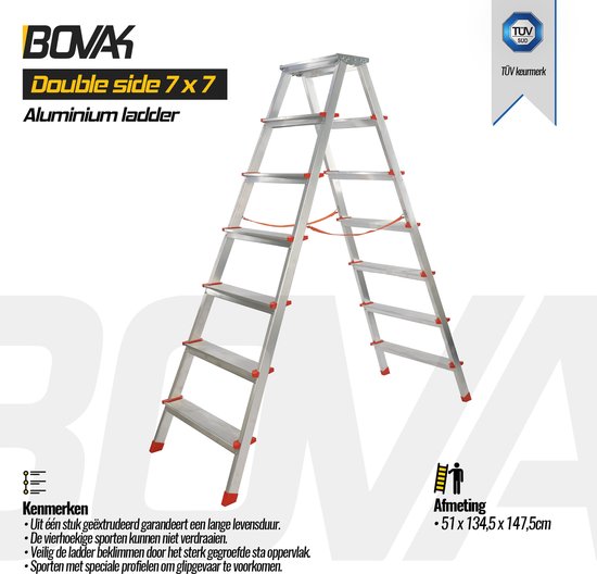 Dubbele aluminium trap 7x7 met 7 treden, rode details en TÜV keurmerk.