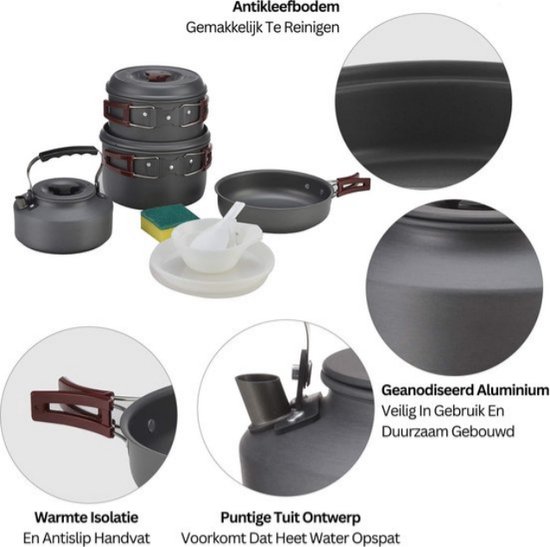 Toboli campingkookset 6-delig outdoor kookset kamperen pannenset bestek pan kampeerset