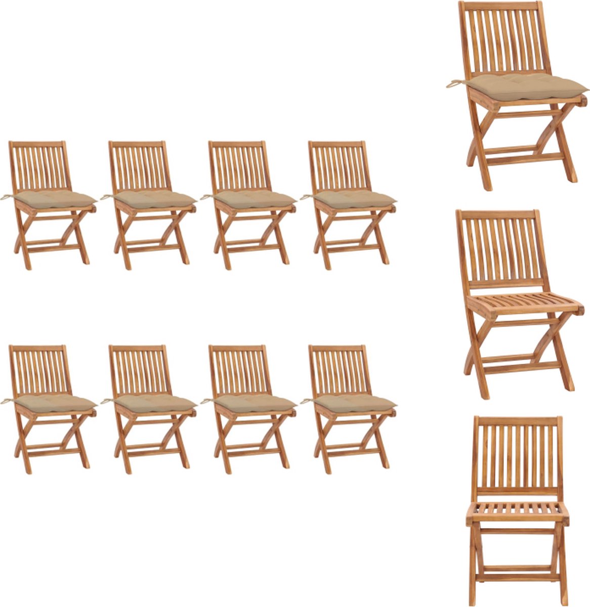 VidaXL Houten Tuinstoelenset Teakhout Inklapbaar 46.5 x 58 x 88 cm Met kussens Tuinstoel