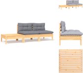 vidaXL Lounge tuinset - massief grenenhout - grijs kussen - 2 middenbanken - 1 voetenbank/tafel - incl - kussens - 150x150x90 cm - Tuinbank