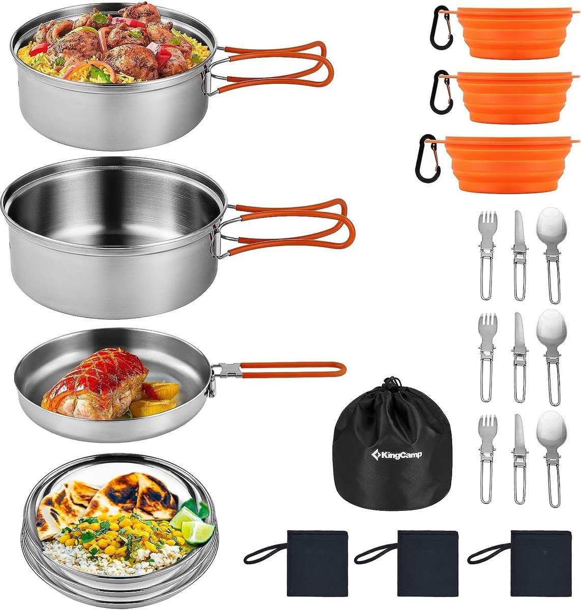 Camping Dinnerware Set 2-3 Persons I Camping Cookware Stainless Steel I Camping Pots with Foldable Cutlery I Ultralight Camping Pans Set for Camping Stove