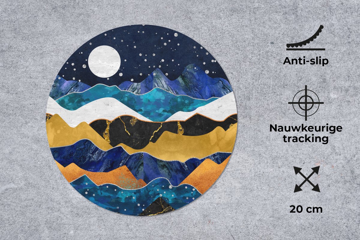Muismat rond 20x20 cm - Mousepad Nacht - Goud - Marmer print - Abstract - Landschap - Berg - Ronde muismatten