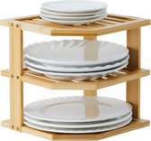 Organisateur de vaisselle en bambou 25 x 25 x 25 cm, Meuble d'angle Insert 3 niveaux pour étagère de cuisine, Égouttoir pour assiettes et bols
