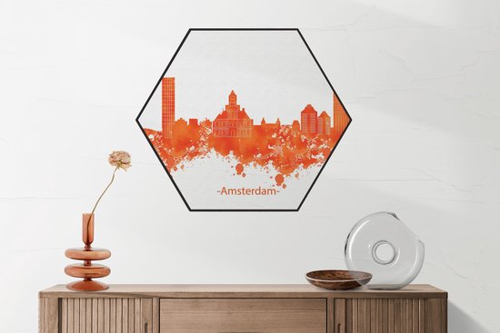 Akoestisch Schilderij Skyline Amsterdam Watercolor Paint Hexagon Basic XL (140 X 121 CM) - Akoestisch paneel - Akoestische Panelen - Akoestische wanddecoratie - Akoestisch wandpaneel