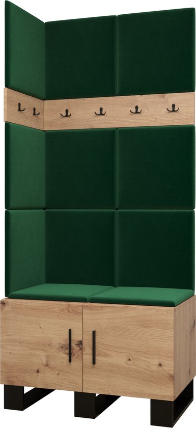 Garderobekast Ganggarderobe Compacte garderobe Vestibule Wandkast Plank Hal & Gang Kast Schoenenkast Gestoffeerde panelen en met een kussen - (BxHxD): 84x196x45,6 cm - ERNETST 11 - Artisan (Groen (Manilla 35))