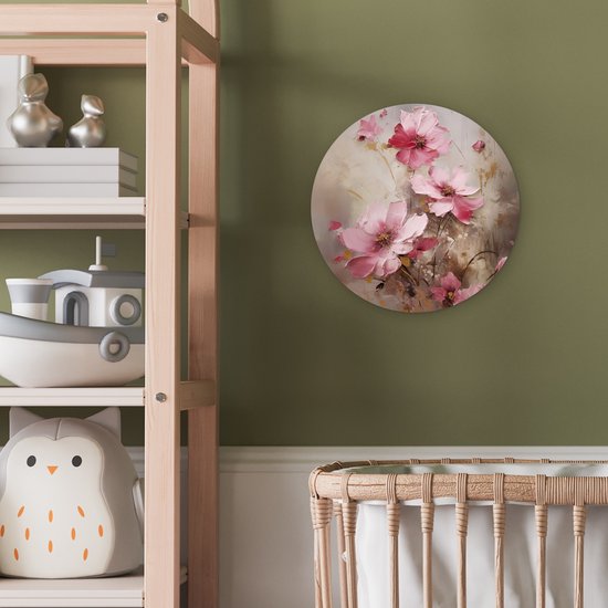 WallCircle - Wandcirkel bloemen olieverf 30x30 cm - Roze ronde schilderijen woonkamer - Wandbord kleurrijk rond - Muurdecoratie abstracte kunst - Kamer accessoires binnen - Roze decoratie - Wanddecoratie muurcirkel - Woonaccessoires