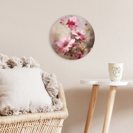 WallCircle - Wandcirkel bloemen olieverf 30x30 cm - Roze ronde schilderijen woonkamer - Wandbord kleurrijk rond - Muurdecoratie abstracte kunst - Kamer accessoires binnen - Roze decoratie - Wanddecoratie muurcirkel - Woonaccessoires