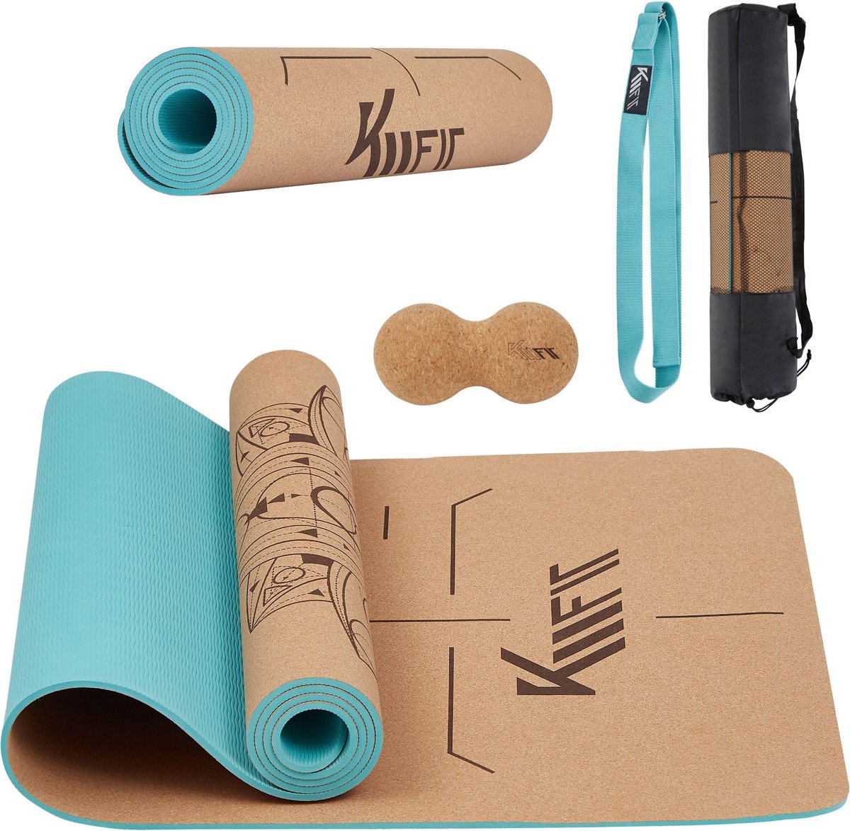 KM-Fit TPE Yoga mat - Fitness mat - Sport mat - extra dik - anti slip - gemaakt van natuurrubber, TPE en katoen - Incl. yogariem & fascia duoball - Mintgroen