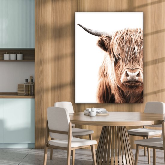 Canvas Schilderij Schotse hooglander - Koe - Wit - 90x120 cm - Wanddecoratie