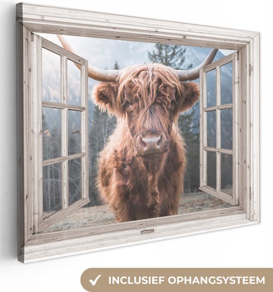 Schotse hooglander - Uitzicht - Doorkijk - Canvas - 40x30 cm - Wanddecoratie
