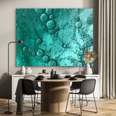 MuchoWow® Glasschilderij 160x120 cm - Schilderij glas - Druppels op een turquoise achtergrond - Foto op acrylglas - Schilderijen