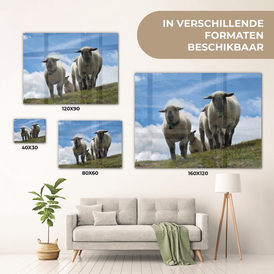 MuchoWow® Glasschilderij 40x30 cm - Schilderij acrylglas - Schapen - Berg - Alpen - Foto op glas - Schilderijen