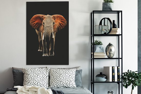 Canvas schilderij 90x140 cm - Wanddecoratie Olifant - Zwart - Oranje - Muurdecoratie woonkamer - Slaapkamer decoratie - Kamer accessoires - Schilderijen