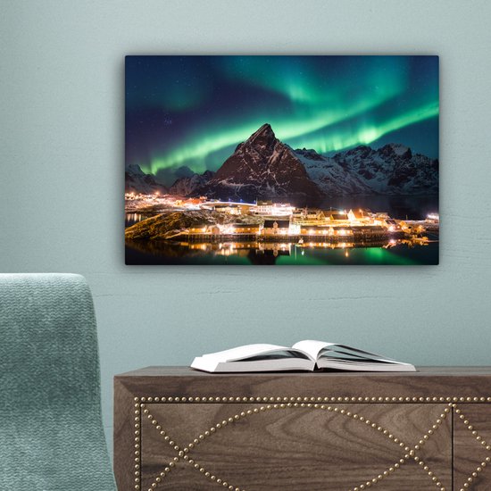 Aurores boréales au-dessus d'un village en Norvège toile 2cm 30x20 cm - petit - Tirage photo sur toile (Décoration murale salon / chambre) / phénomènes naturels Peintures sur toile