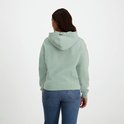 Achterkant van een mintgroene NOMAD hoodie met capuchon op een model in jeans.