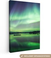 Canvas Schilderij Noorderlicht - Meer - IJsland - Groen - Bos - Sneeuw - 60x90 cm - Wanddecoratie