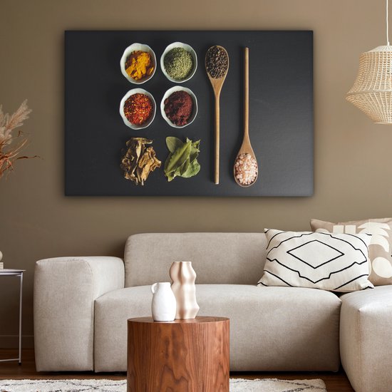 Peinture sur toile Louche - Épices - Herbes - Vert - Marron - Rustique - 140x90 cm - Décoration murale