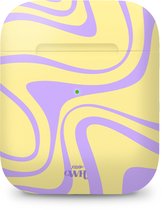 xoxo Wildhearts hoesje geschikt voor Airpods 1/2 - Sunny Side Up - Ook als telefoonhoesje verkrijgbaar - schokbestendige case geschikt voor Airpod 1 en 2 - koptelefoon case - Beschermhoes met golvende print - golven - geel / paars