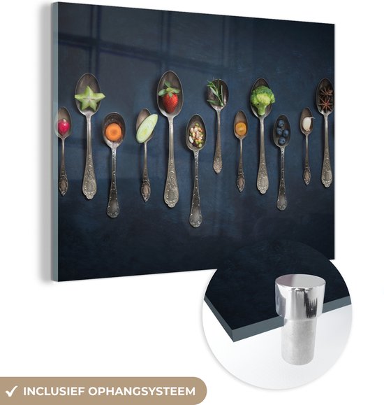MuchoWow® Glasschilderij 40x30 cm - Schilderij acrylglas - Kruiden - Lepel - Zilver - Specerijen - Industrieel - Foto op glas - Schilderijen