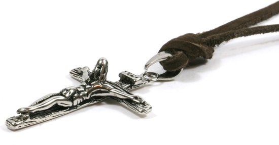 IbizaMen - dentelle cuir marron vintage - croix crucifex en acier inoxydable - unisexe - réglable dans le cou - 40-80cm