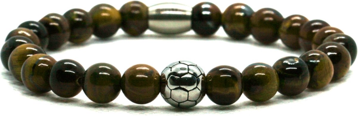 IbizaMen - Heren - armband - voetbal - RVS - Tijgeroog - 8mm - 20cm