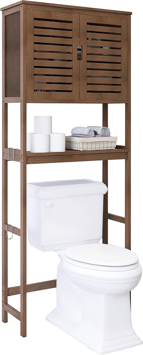 Badkamer opbergplank met kast, bamboe opbergrek voor boven het toilet, vrijstaande toiletruimte bespaarder met 3-laags verstelbare planken (walnoot)