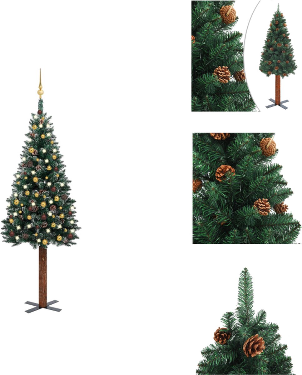vidaXL Kerstboom Slim Groen - 180 cm - Met LED-verlichting en decoratieve dennenappels - Decoratieve kerstboom