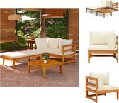 vidaXL Ensemble de salon de jardin en bois - Acacia - Canapé d'angle - Table - Chaise longue - Coussin crème - 202 x 66 x 60 cm - Salon de jardin