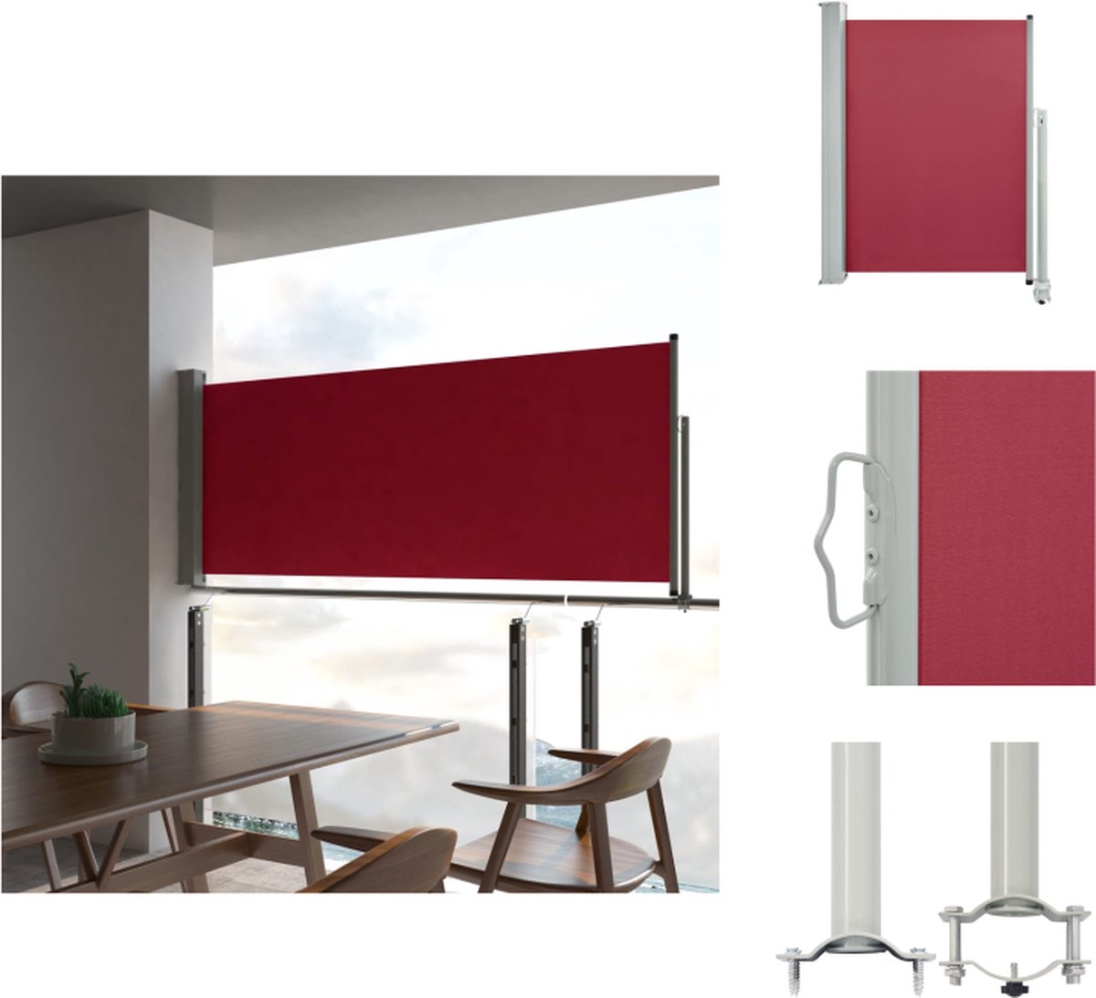 VidaXL Zijscherm 100 x 0-300 cm UV-bestendig polyester Automatische terugrolfunctie Rood scherm en grijze standaard Parasol