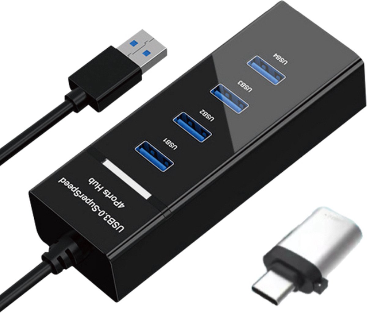 KOUVOLSEN USB 3.0 Hub - usb hub - 4 poorten - USB splitter - Splitter - Incl. USB-C converter - 20cm kabel - Zwart - Geschikt voor Windows, Mac OS, Linux - KOS-9022