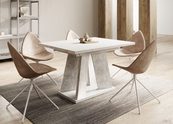 Meubella - Table de salle à manger Matrix - Wit brillant - Aspect béton - 160 cm - Extensible