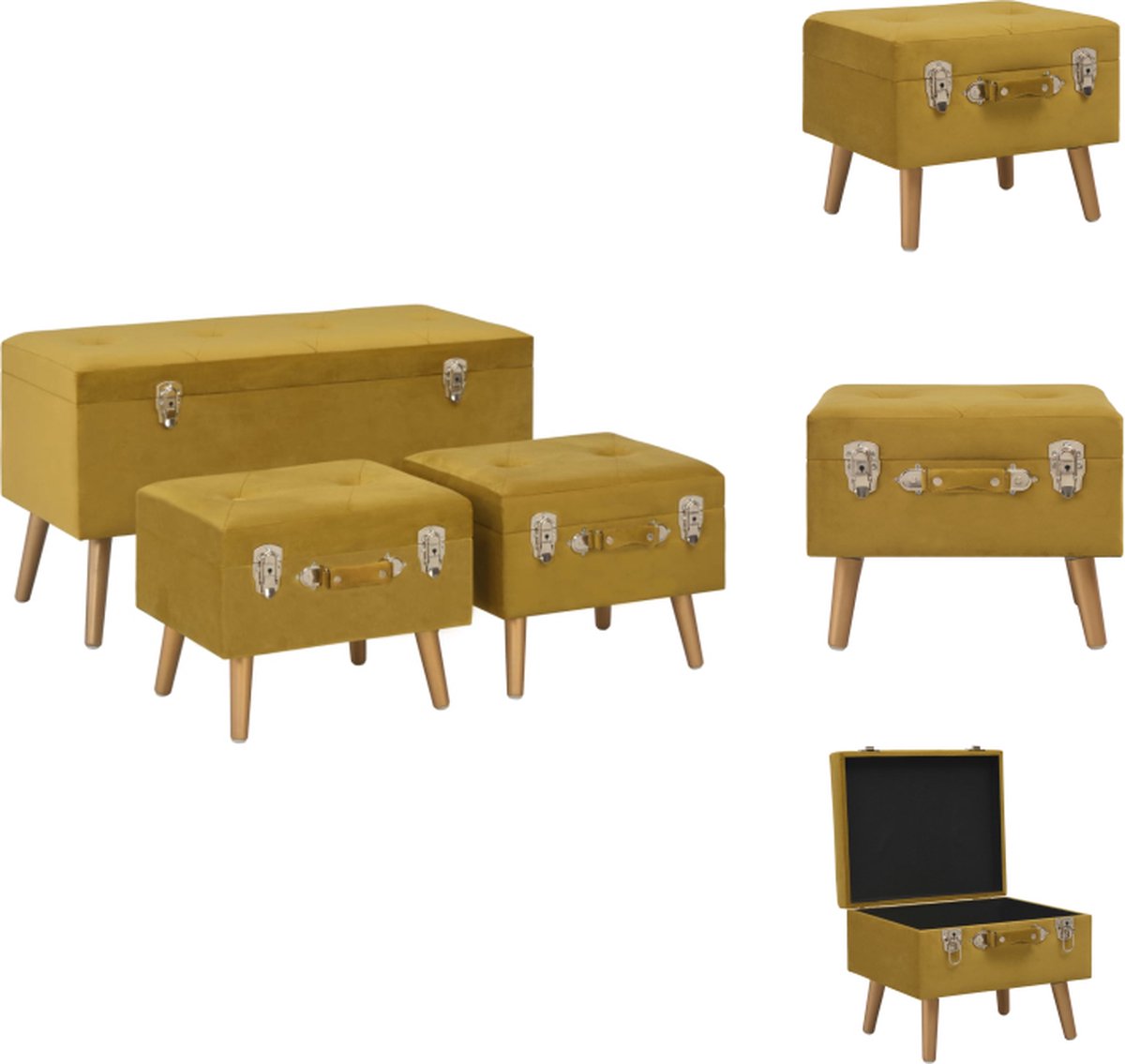 VidaXL Opbergkruk Velvet Set van 3 Mosterdgeel Goud Massief grenenhout Afmetingen L- 85x38x47cm S- 40x33x33cm Hocker