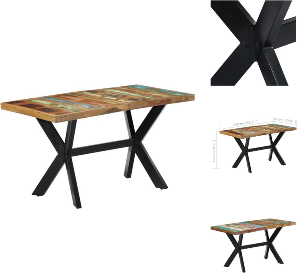 vidaXL Eettafel - 140x70x75 - cm - massief - gerecycled - hout Multikleur