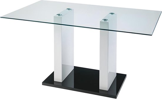 Eettafel SAMIRA - 6 personen - Gehard glas en wit gelakt MDF L 150 cm x H 74 cm x D 90 cm