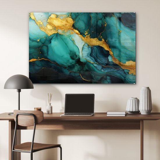 MuchoWow® Peinture sur verre 120x80 cm - Peinture sur verre - Marbre - Or - Blauw vert - Abstrait - Turquoise - Photo sur verre acrylique - Peintures