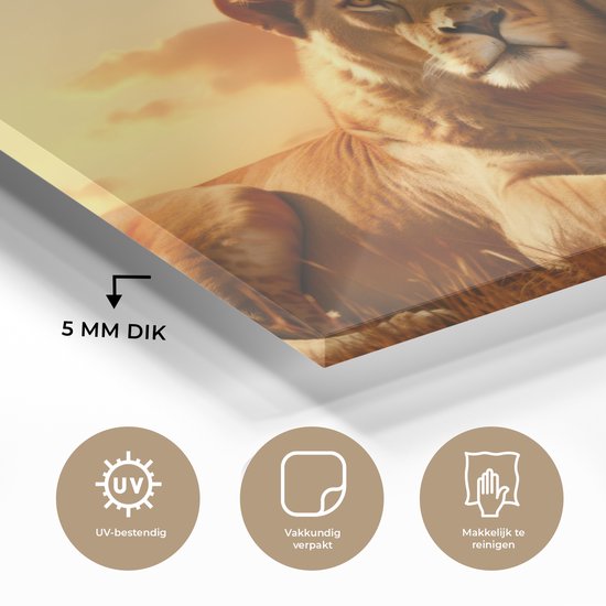 MuchoWow® Peinture sur verre 120x80 cm - Peinture sur verre - Lions - Coucher de soleil - Afrique - Savane - Animaux - Photo sur verre acrylique - Peintures
