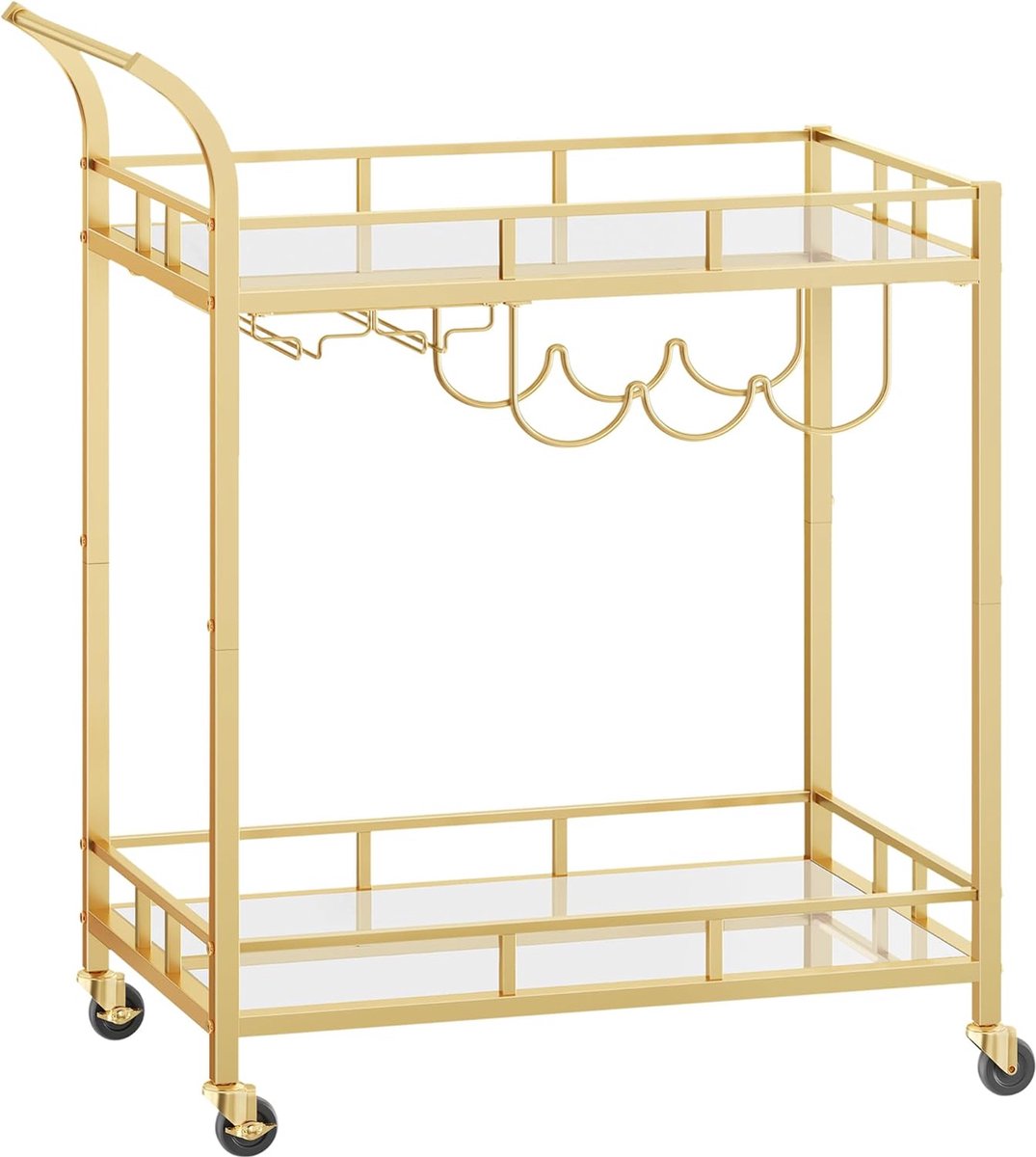 Serveerwagen - trolley - Met 2 glazen planken - Metalen frame - Goud