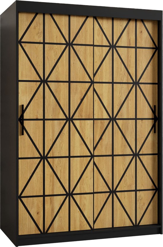 Zweefdeurkast Kledingkast met 2 schuifdeuren Garderobekast slaapkamerkast Kledingstang met planken (LxHxP): 120x200x60 cm - Kaso I (Zwart en geometrische patronen, 120)