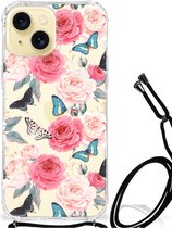 Telefoonhoesje Geschikt voor iPhone 15 Silicone Case met transparante rand Butterfly Roses