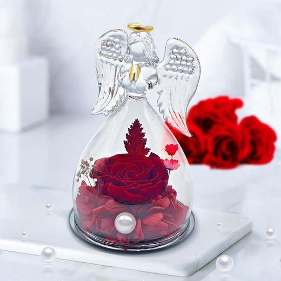 Rose Éternelle Sous Dôme Verre Avec Ange - Cadeau Pour Maman/Femme (7x7x10.5cm)