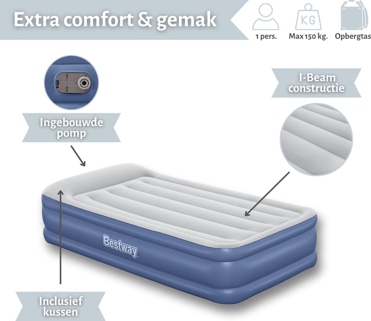 Bestway luchtbed - 1-Persoons - 97x191x46 cm (BxLxH) - Grijs/Blauw - Met ingebouwde elektrische pomp - Inclusief opbergtas