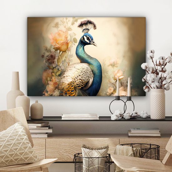 Tableau sur toile Paon - Plumes de paon - Fleurs - Vogels - Botanique - 180x120 cm - Décoration murale XXL