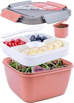 Saladecontainer, lunchcontainer, bento box voor lunch, 3 vakken voor salade en snacks, slakom met dressingcontainer, lekvrij, magnetronbestendig, 1500 ml, donker (roze)